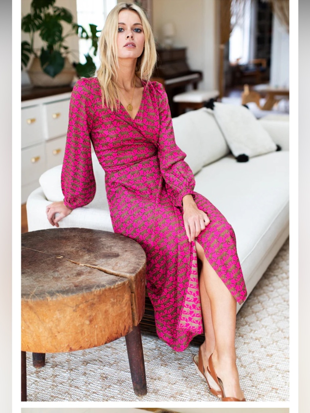 Emerson Fry India Collection BISHOP SLEEVE wrap DRESS PINK WALKING CHEETAH